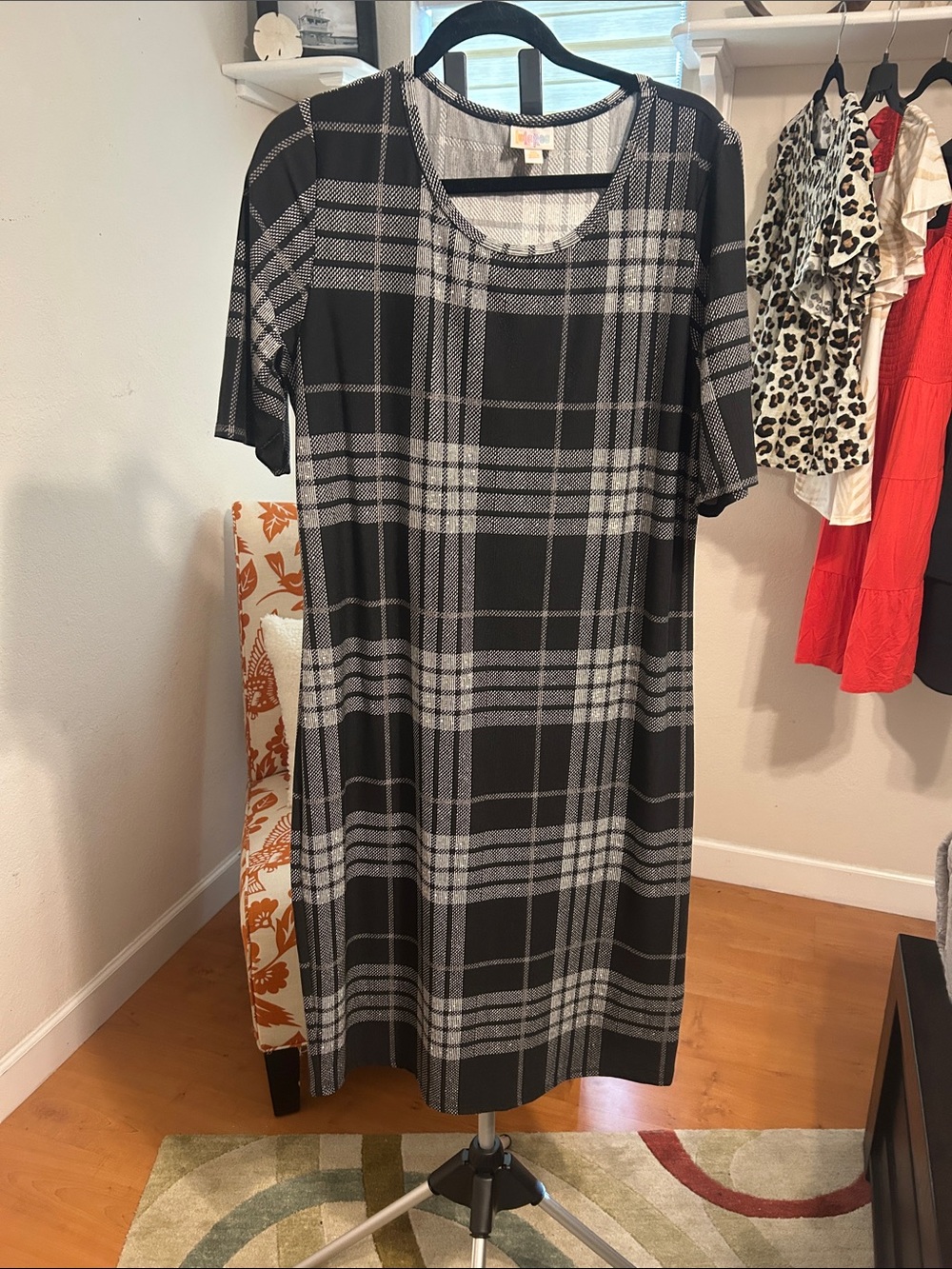 LuLaRoe Julia Black and Gray Plaid Scoop Neck Midi Dress